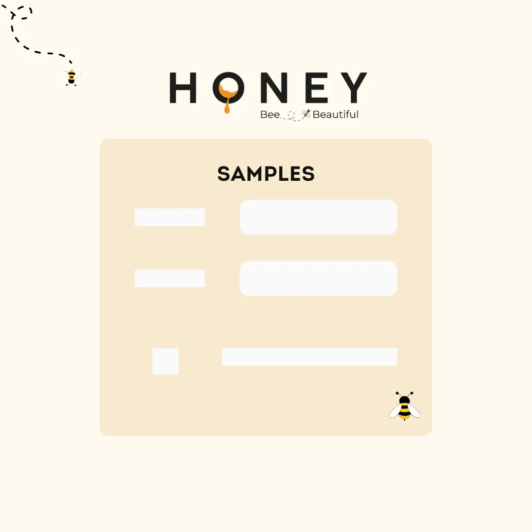 Formulario de muestra Honey con abejas y gotas de miel, diseño limpio y amigable