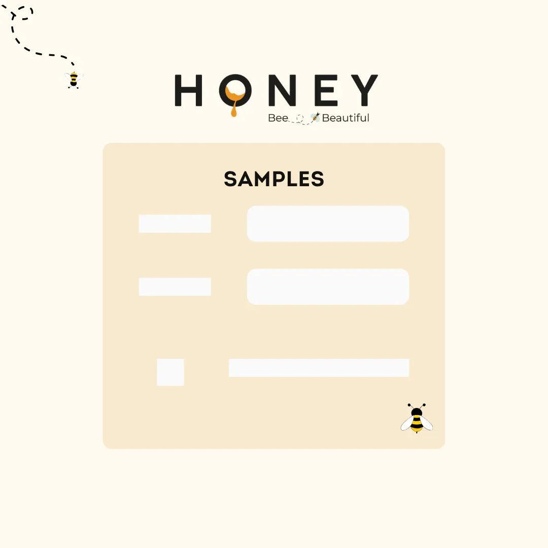 Formulario de muestra Honey con abejas y gotas de miel, diseño limpio y amigable