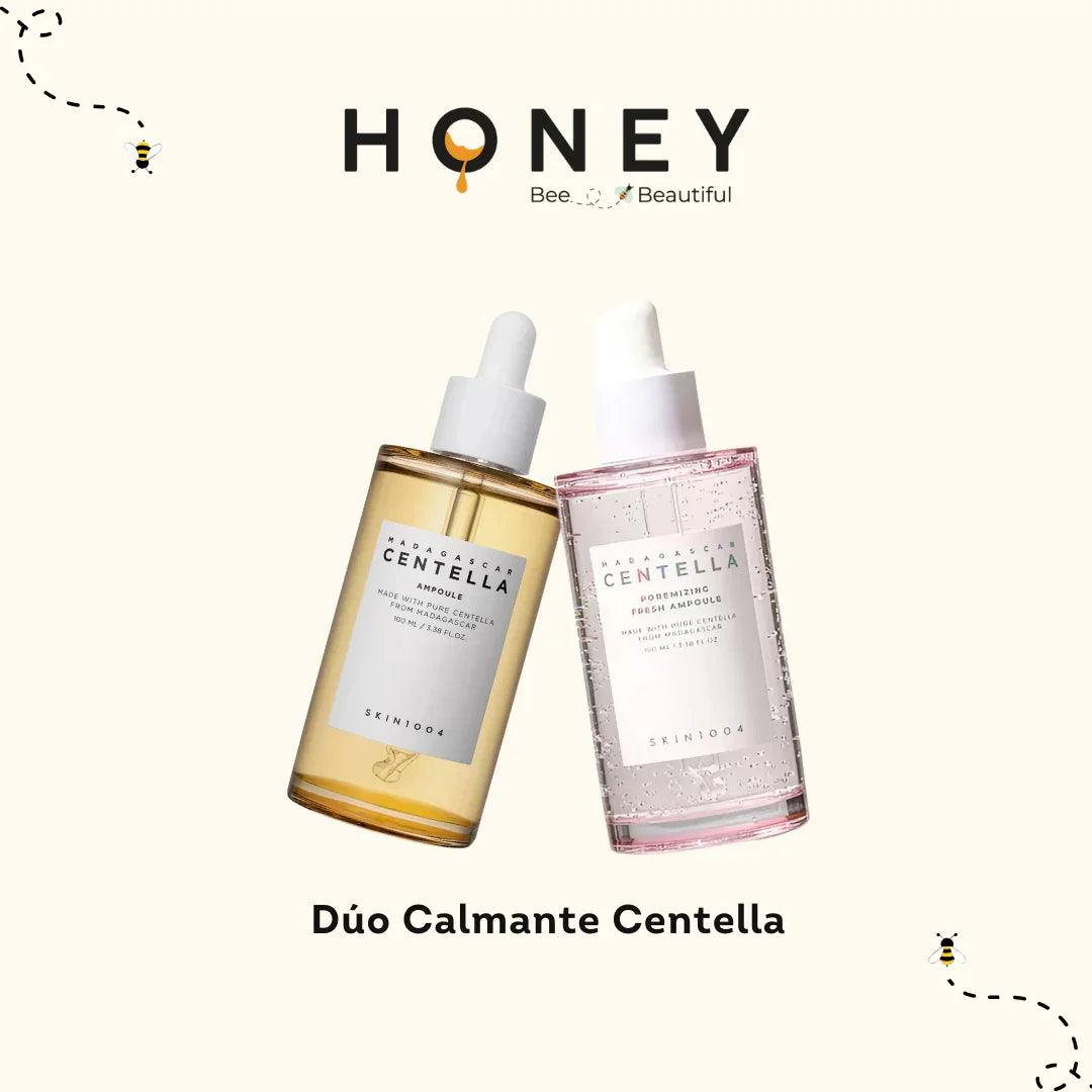 Dos ampollas de Centella de Madagascar SKIN1004 en fondo claro con texto Honey y abejas decorativas