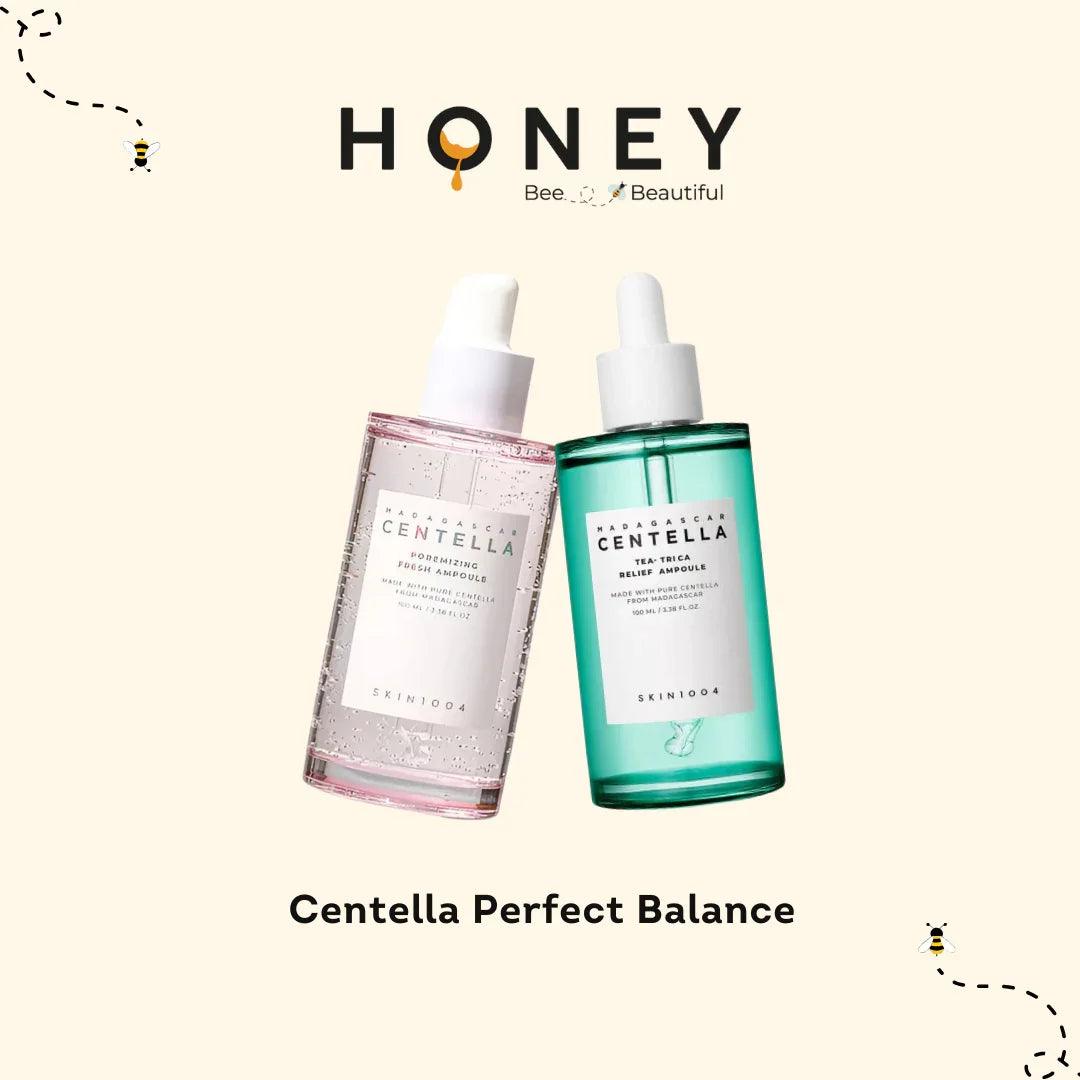 Serum Centella Perfect Balance Skin1004 en botellas rosada y verde con fondo beige y diseño de abejas