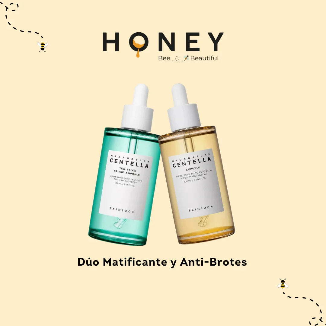 Sérum dúo matificante y anti-brotes Madagascar Centella con dos botellas y diseño de abejas