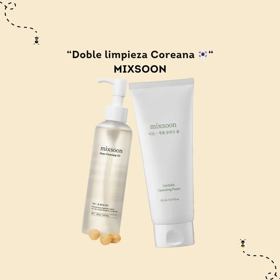 Set de limpieza facial coreana Mixsoon con aceite limpiador y espuma de centella sobre fondo beige