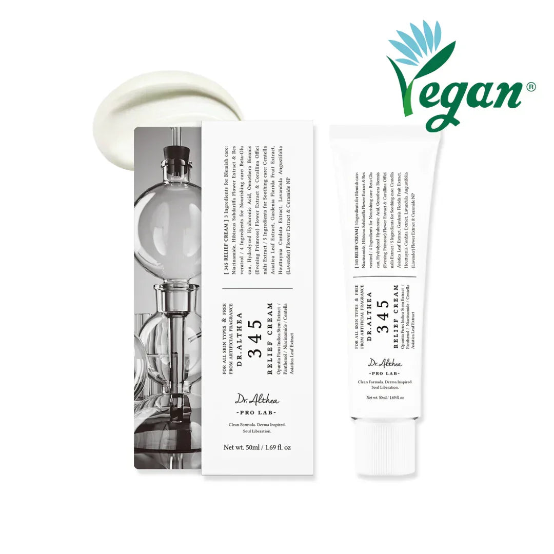 Crema facial Dr.Althea Dartahea 345 Relief Cream en tubo blanco con empaque y textura crema vegana