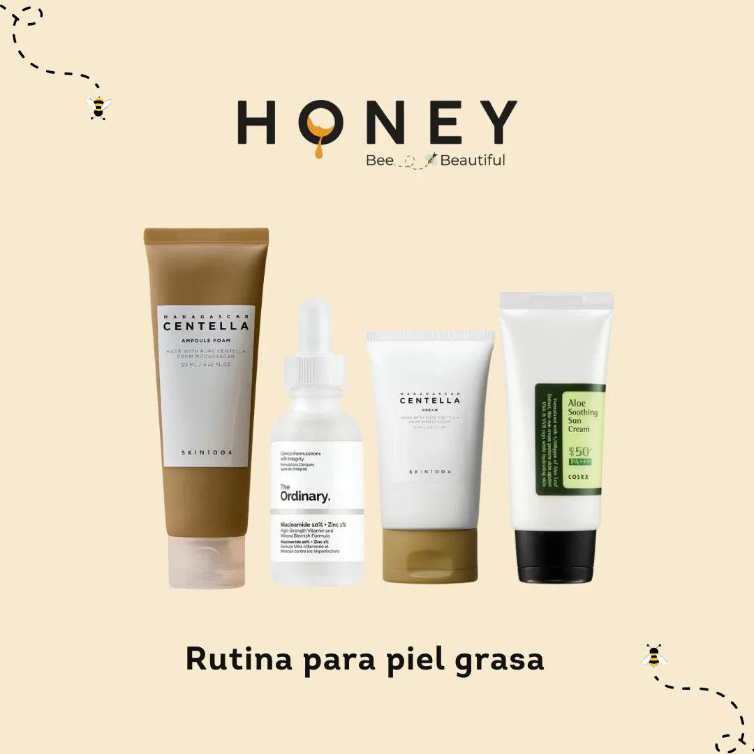 Rutina para piel grasa con productos de skincare The Ordinary, Skin1004 Madagascar Centella y protector solar COSRX Aloe Soothing