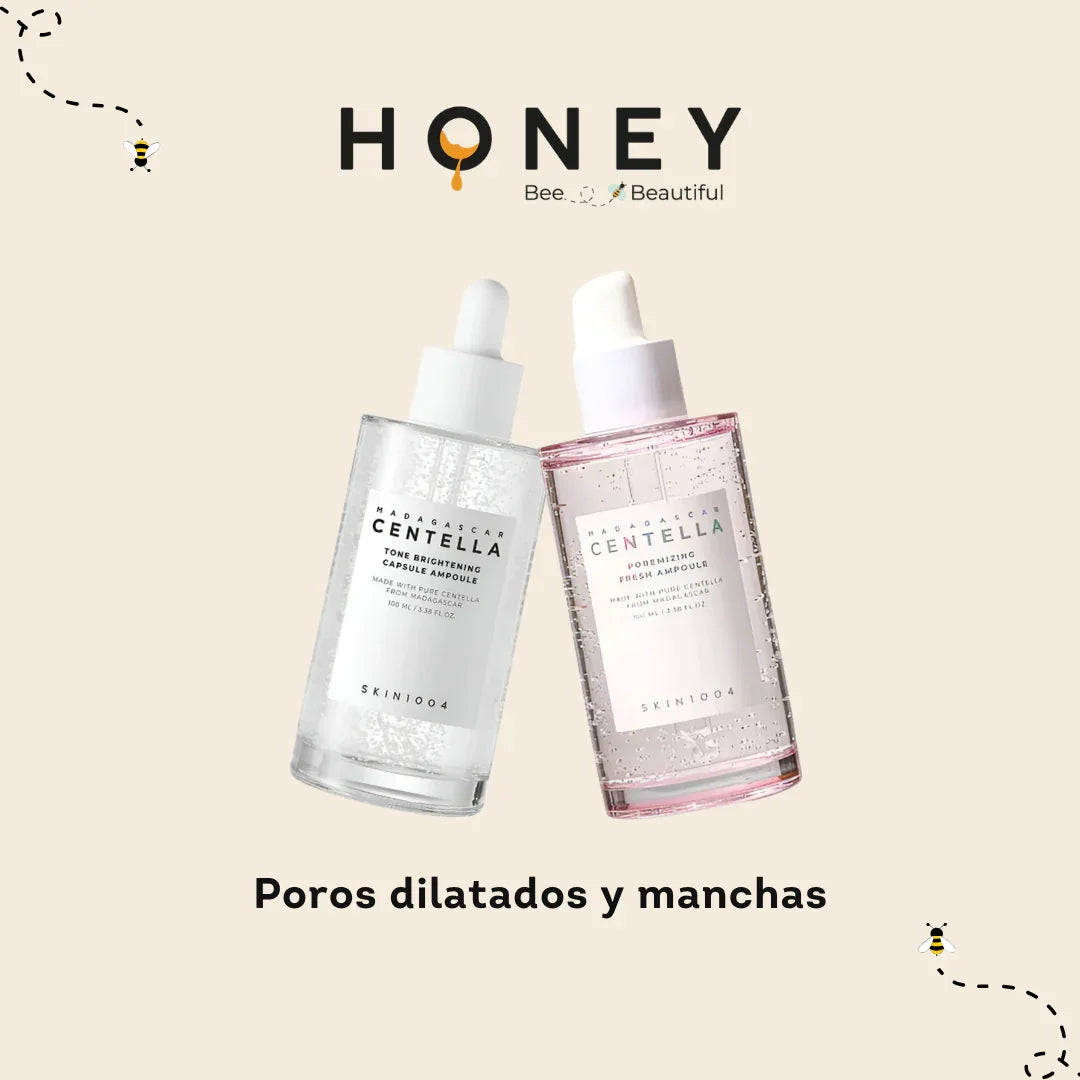 Dos sérums SKIN1004 Madagascar Centella para poros dilatados y manchas con diseño minimalista y abejas decorativas