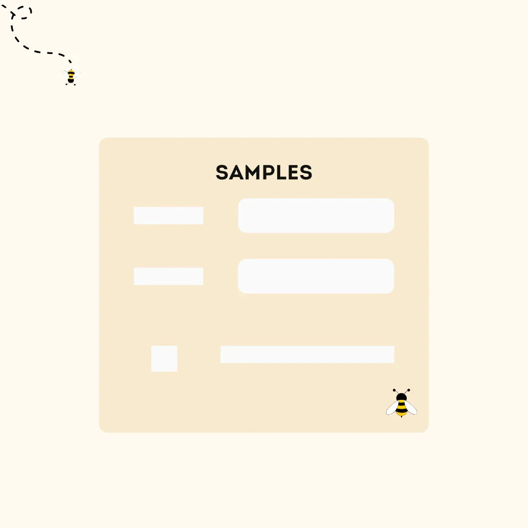 Diseño minimalista con formulario de muestra color beige y abejas ilustradas en fondo claro