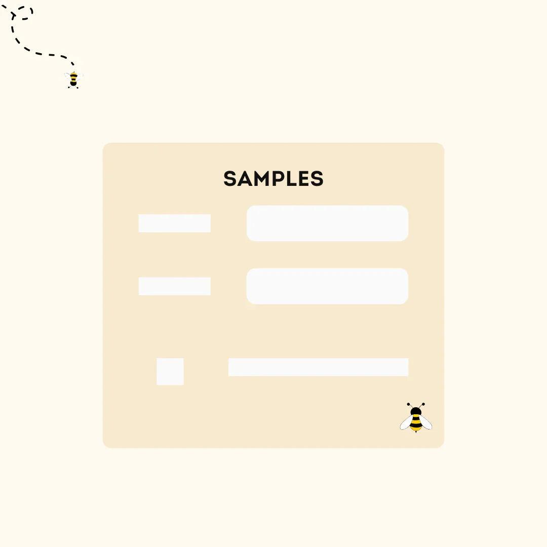 Diseño minimalista con formulario de muestra color beige y abejas ilustradas en fondo claro
