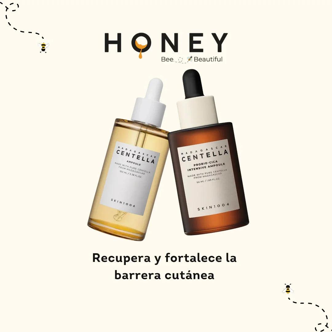 Serum Madagascar Centella de Skin1004, ampolla para recuperar y fortalecer la barrera cutánea con diseño de abejas y miel