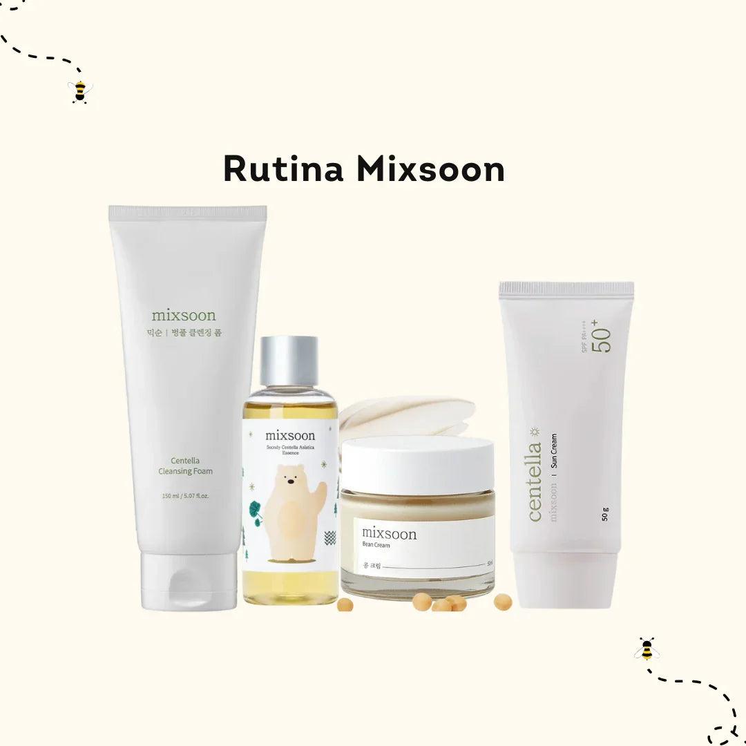 Rutina Mixsoon con espuma limpiadora, esencia, crema de frijol y crema solar SPF 50 en fondo claro