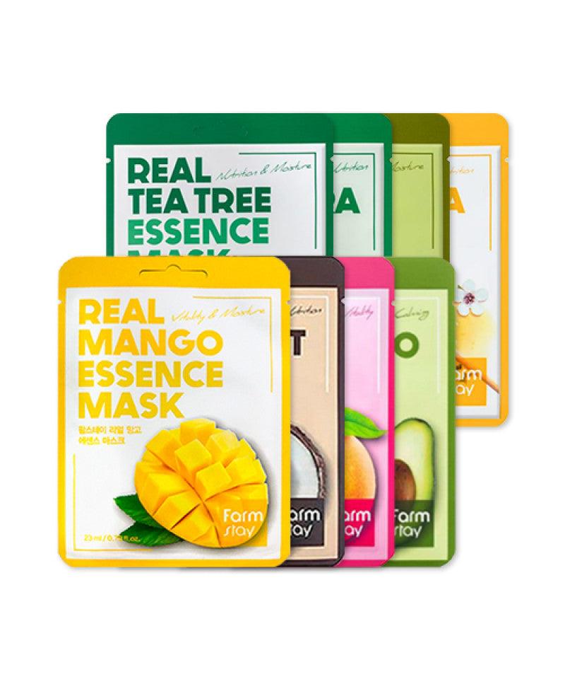 Paquetes coloridos de mascarillas faciales essence de Farm Stay con mango, árbol de té y otros ingredientes naturales