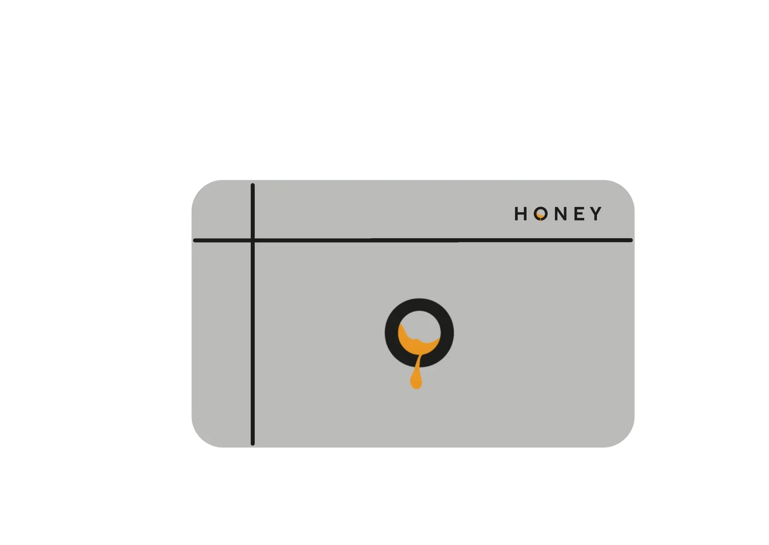 Tarjeta gris con diseño minimalista y logo de miel con letras HONEY y gota naranja