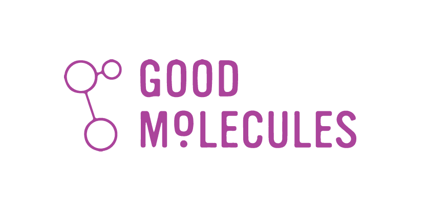Logo de Good Molecules en color morado con diseño de moléculas en fondo transparente